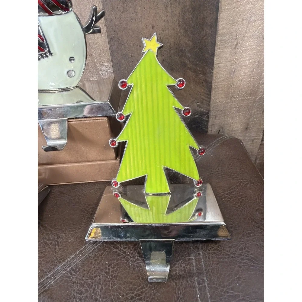 Vtg Metal Enamel Christmas Stocking Holders Lot of 3 Jeweled Tree Snowman Mantel